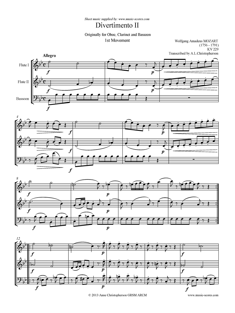 K439b, K.Anh229 Divertimento No 02: 1st mvt, Allegro: 2fls, Fg by Mozart