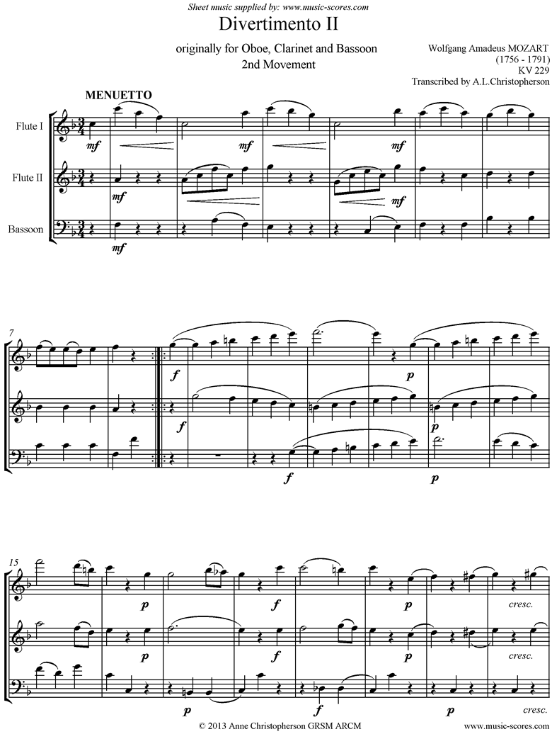 K439b, K.Anh229 Divertimento No 02: 2nd mvt, Minuet and Trio: 2Fls, Fg: higher by Mozart
