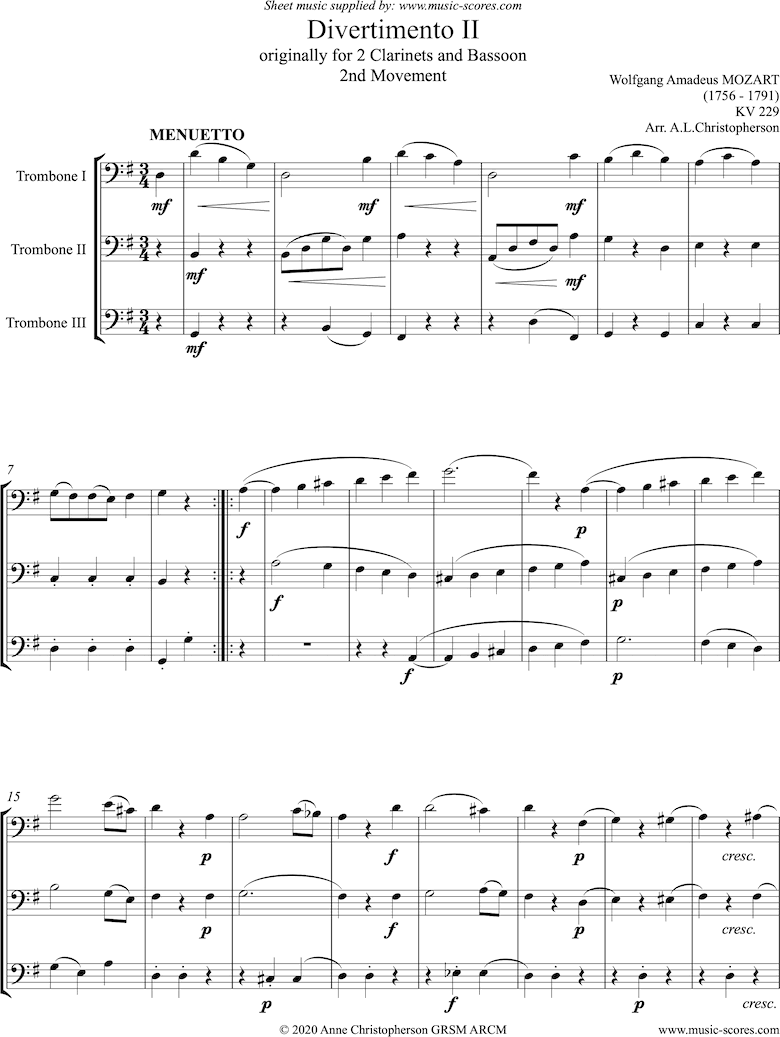 Front page of K439b, K.Anh229 Divertimento No 02: 2nd mvt, Minuet: 3 Trombones sheet music
