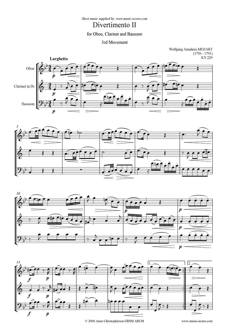 Front page of K439b, K.Anh229 Divertimento No 02: 3rd mvt, Larghetto: Oboe, Clarinet, Bassoon sheet music