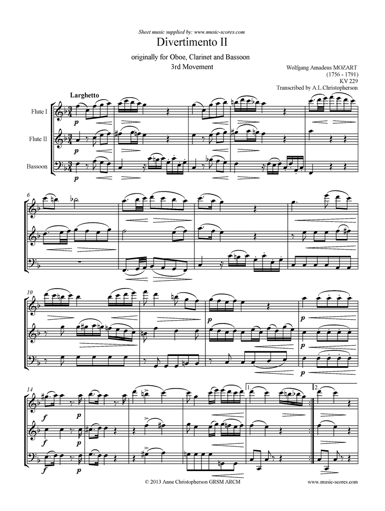 Front page of K439b, K.Anh229 Divertimento No 02: 3rd mvt, Larghetto: 2 Fls, Fg: higher sheet music