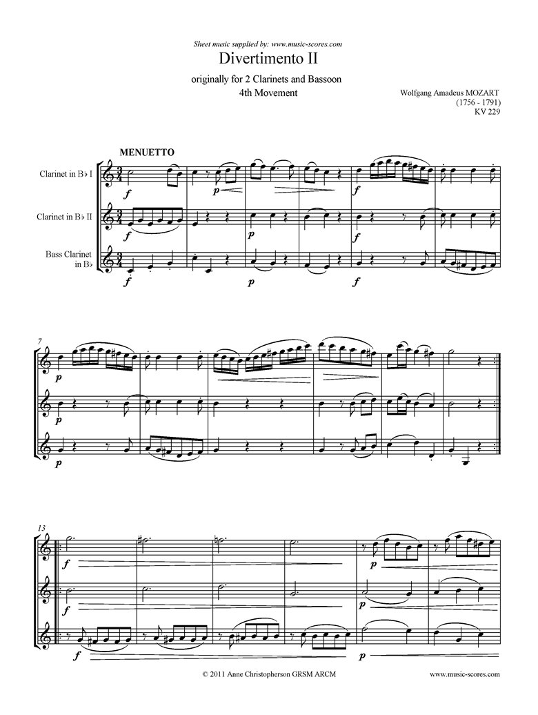 Front page of K439b, K.Anh229 Divertimento No 02: 4th mvt, Minuet and Trio: 2 Cls, Bcl sheet music