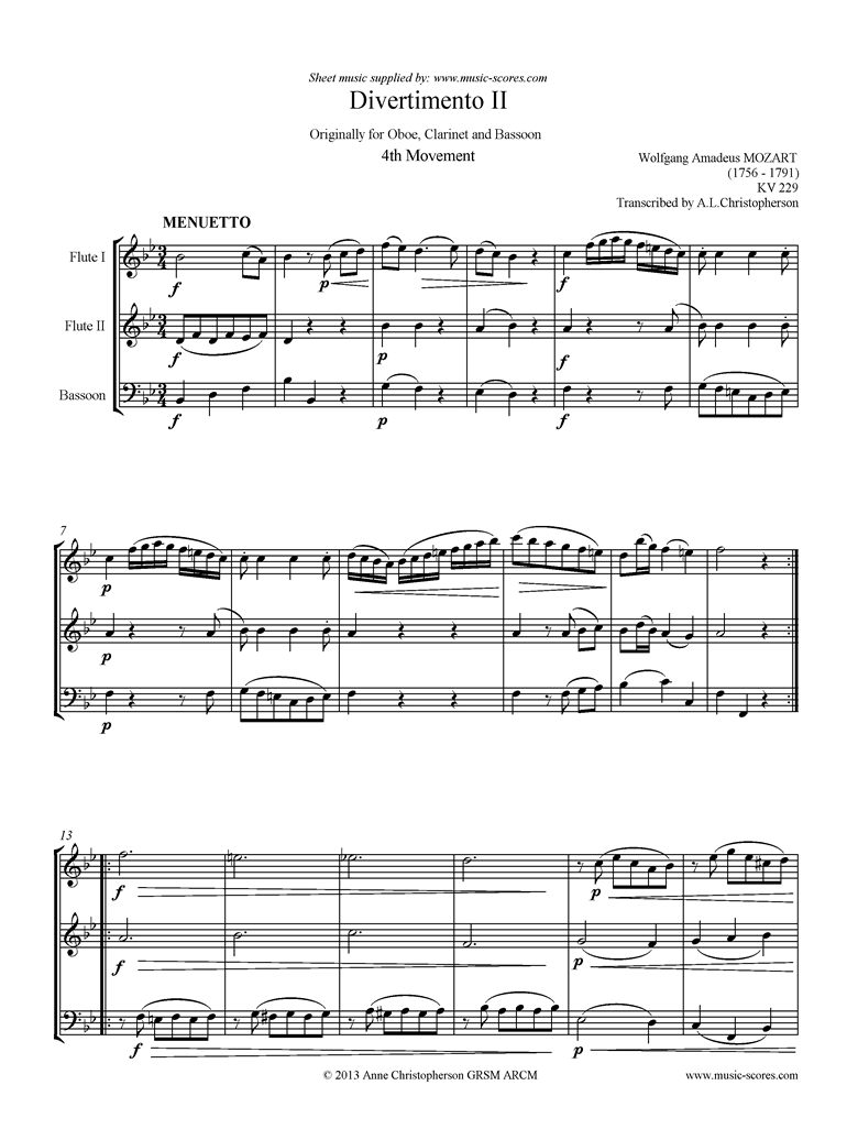 K439b, K.Anh229 Divertimento No 02: 4th mvt, Minuet and Trio: 2 Fls, Fg by Mozart
