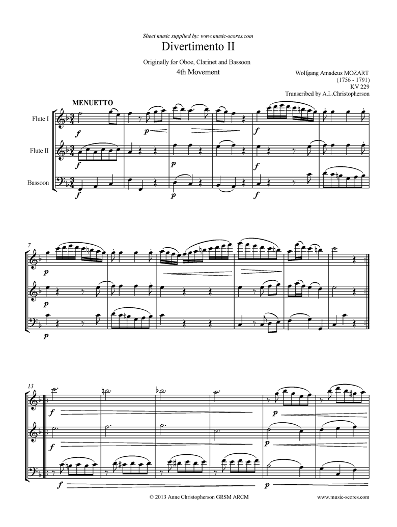 Front page of K439b, K.Anh229 Divertimento No 02: 4th mvt, Minuet and Trio: 2 Fls, Fg: Higher sheet music
