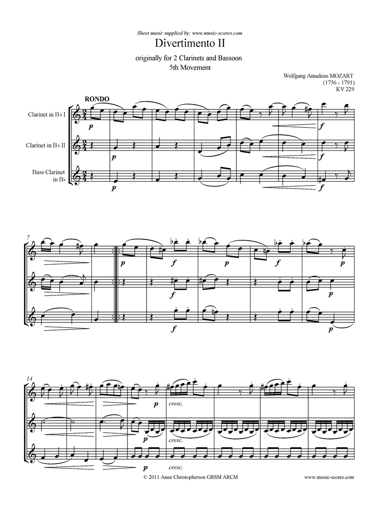 Front page of K439b, K.Anh229 Divertimento No 02: 5th mvt, Rondo: 2 Cls, Bcl sheet music