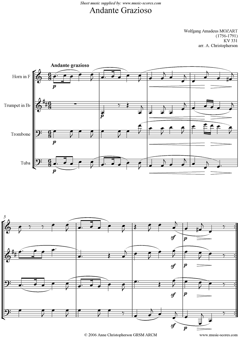 K331 Andante Grazioso: Brass ensemble by Mozart