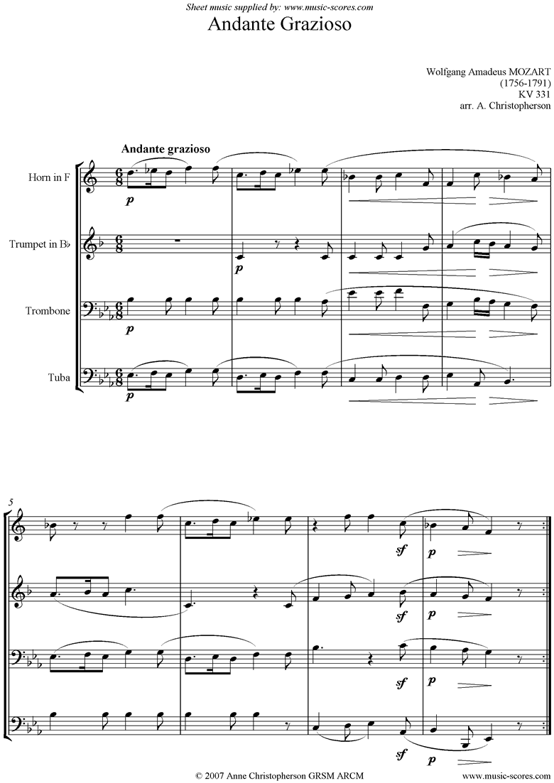 K331 Andante Grazioso: Brass Quartet by Mozart