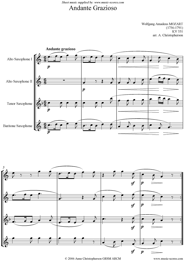 K331 Andante Grazioso: Sax Quartet by Mozart