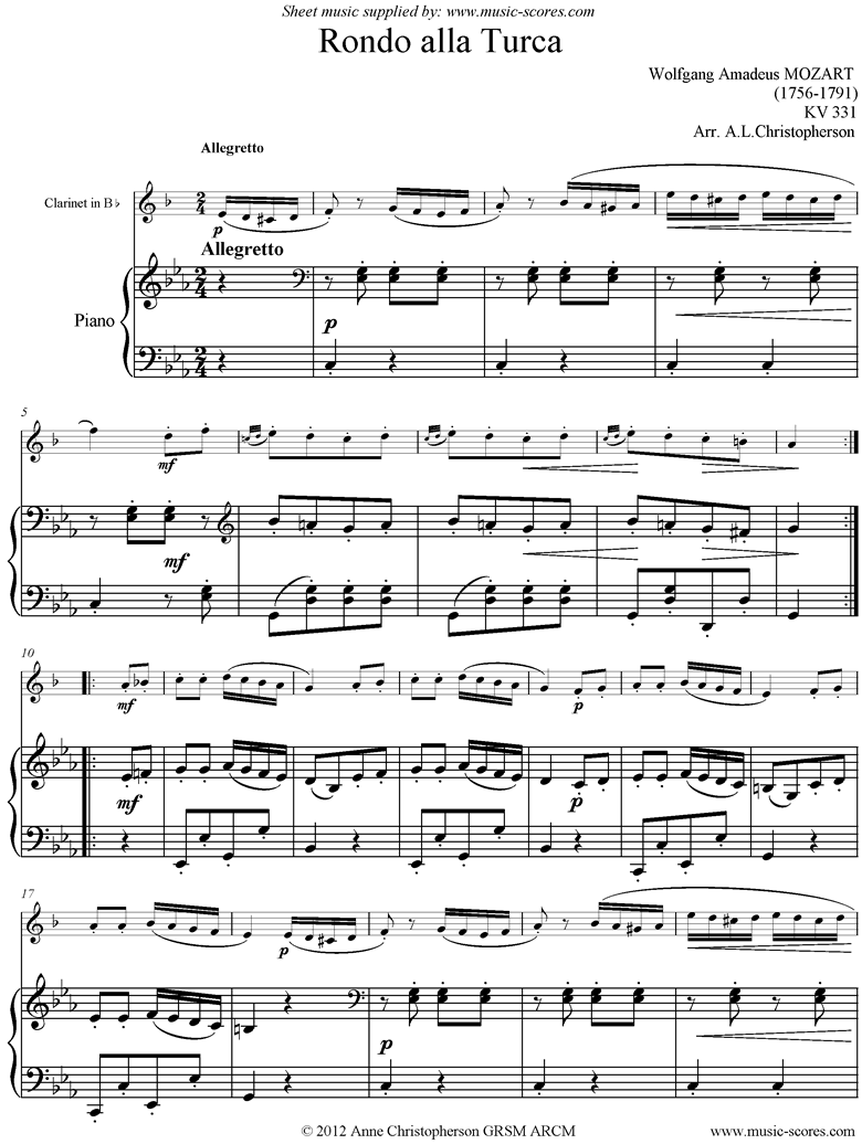 K331 Rondo Alla Turca. Clarinet and Piano by Mozart