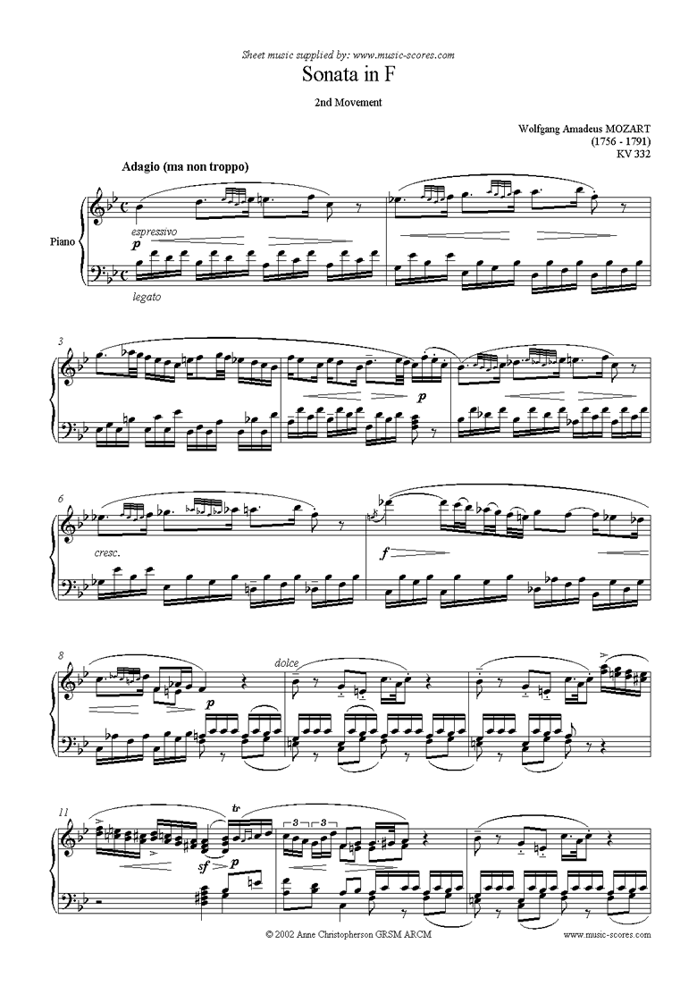 Front page of K332 Sonata in F, 2nd Movement sheet music