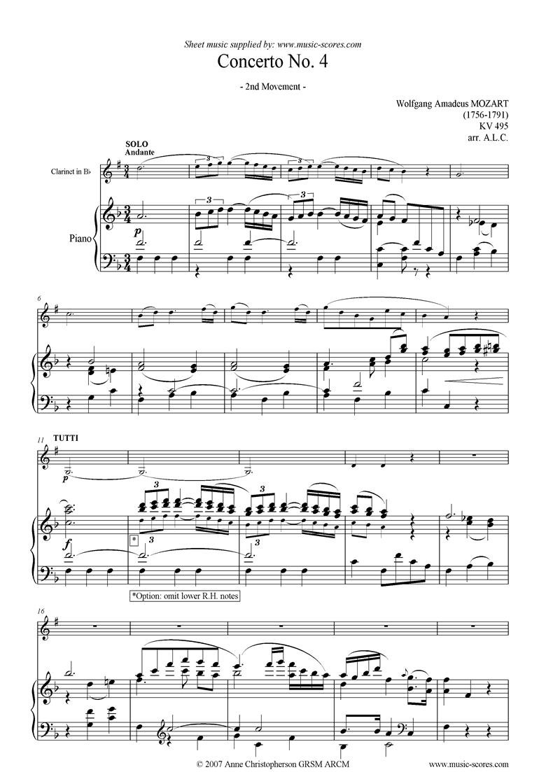 Front page of K495 Horn Concerto in Eb, 2nd Movement: Clarinet sheet music