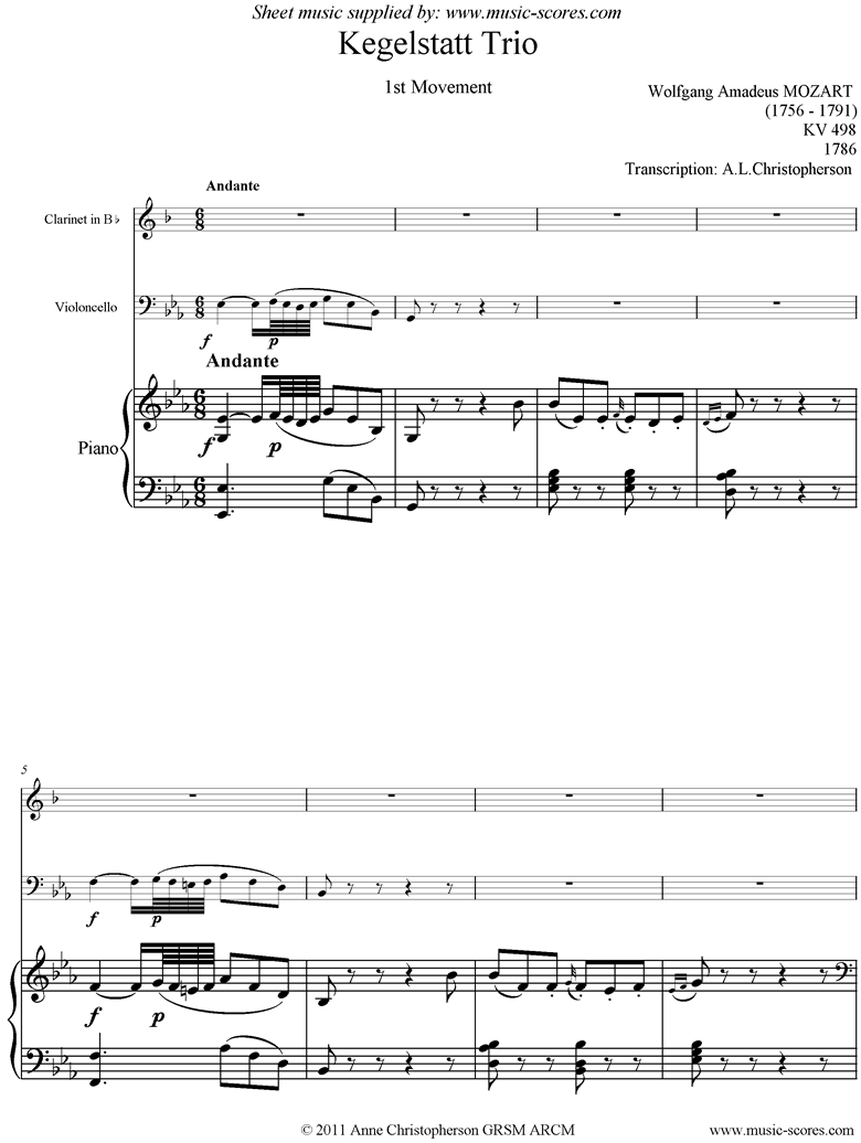 K498 Kegelstatt Trio: 1st mvt:  Clarinet, lower Cello, Piano by Mozart