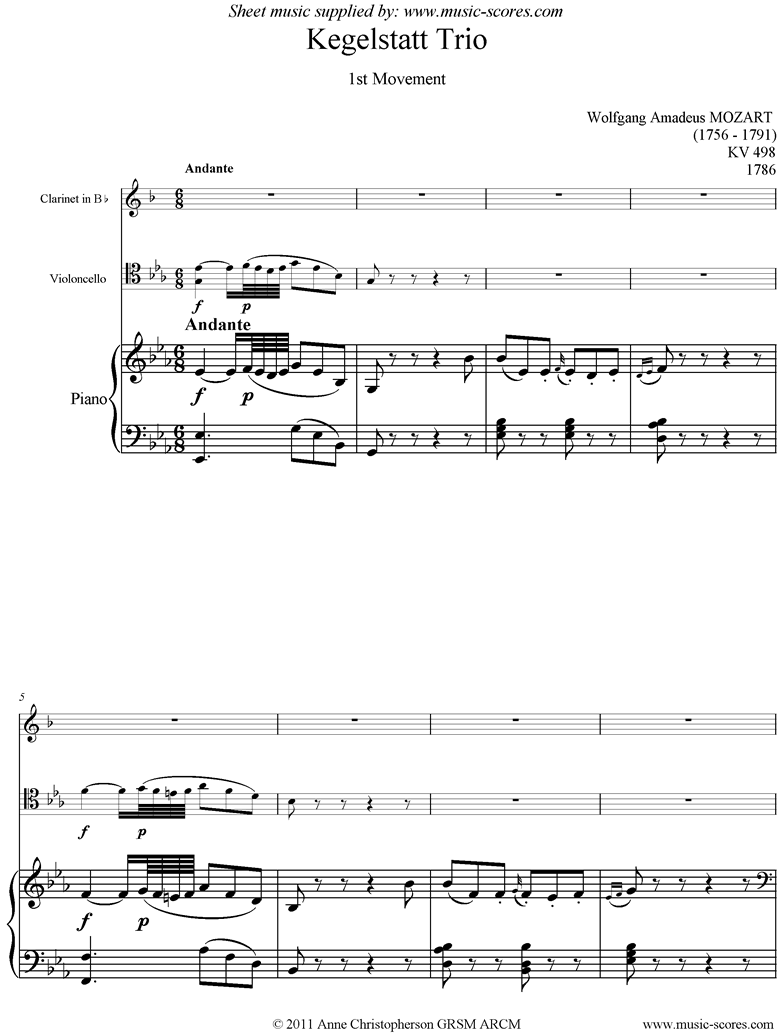 Front page of K498 Kegelstatt Trio: 1st mvt:  Clarinet, high Cello, Piano sheet music