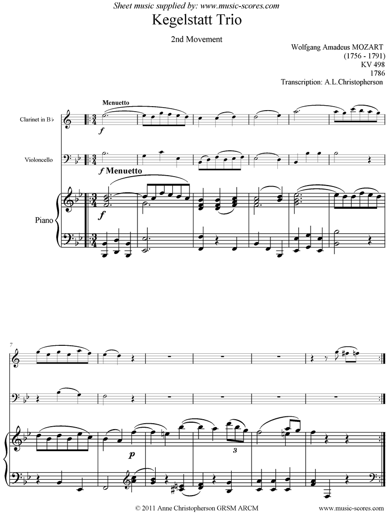 Front page of K498 Kegelstatt Trio: 2nd mvt:  Clarinet, low Cello, Piano sheet music