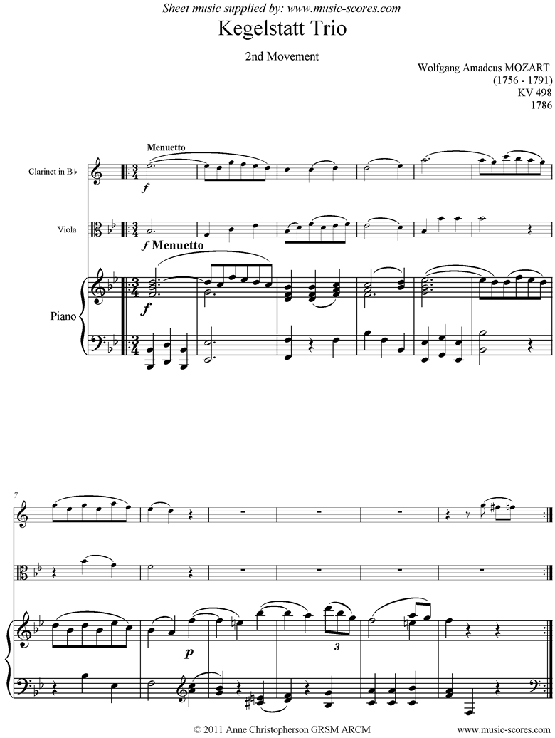 K498 Kegelstatt Trio: 2nd mvt:  Clarinet, Viola, Piano by Mozart