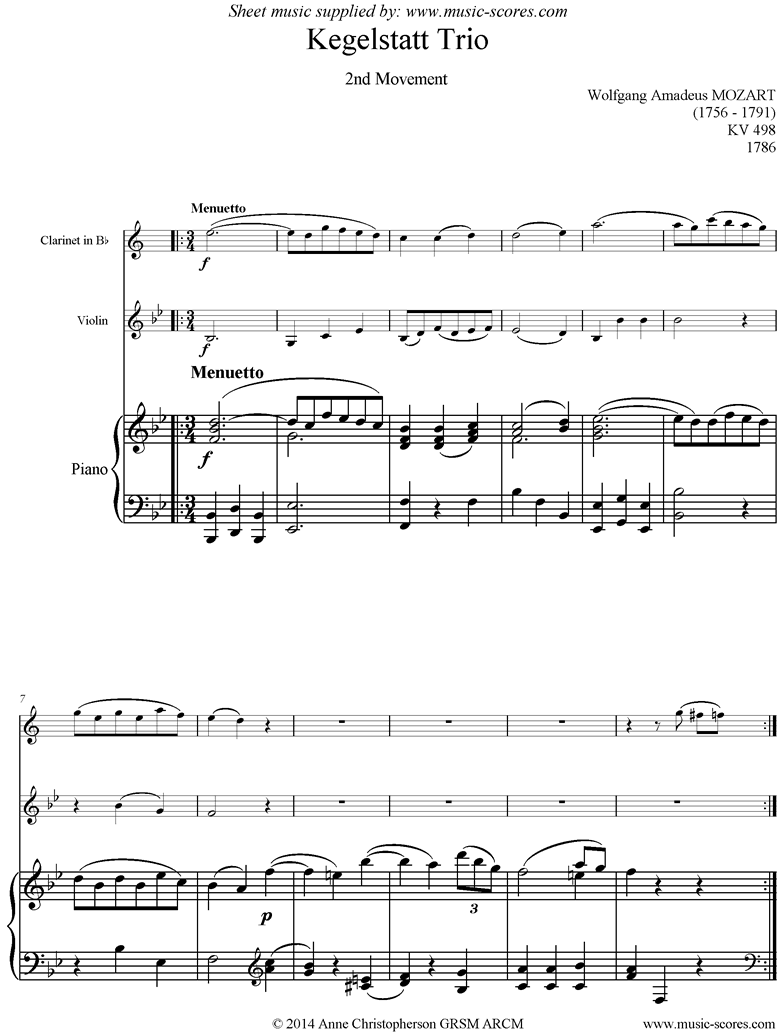 K498 Kegelstatt Trio: 2nd mvt:  Clarinet, Violin, Piano by Mozart