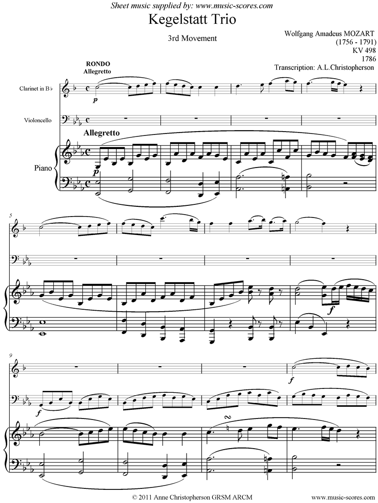 K498 Kegelstatt Trio: 3rd mvt:  Clarinet, low Cello, Piano by Mozart