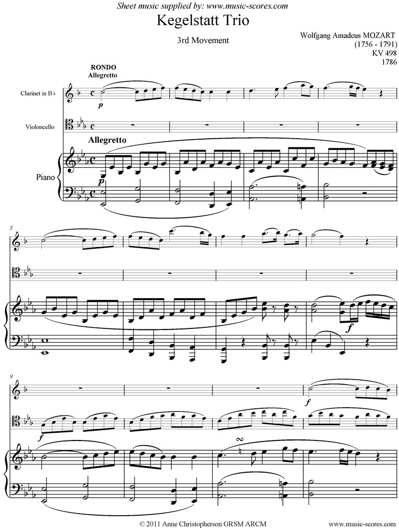 K498 Kegelstatt Trio: 3rd mvt:  Clarinet, high Cello, Piano by Mozart