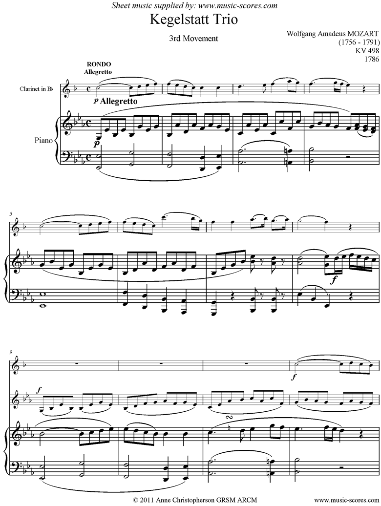 K498 Kegelstatt Trio: 3rd mvt:  Clarinet, Violin, Piano by Mozart