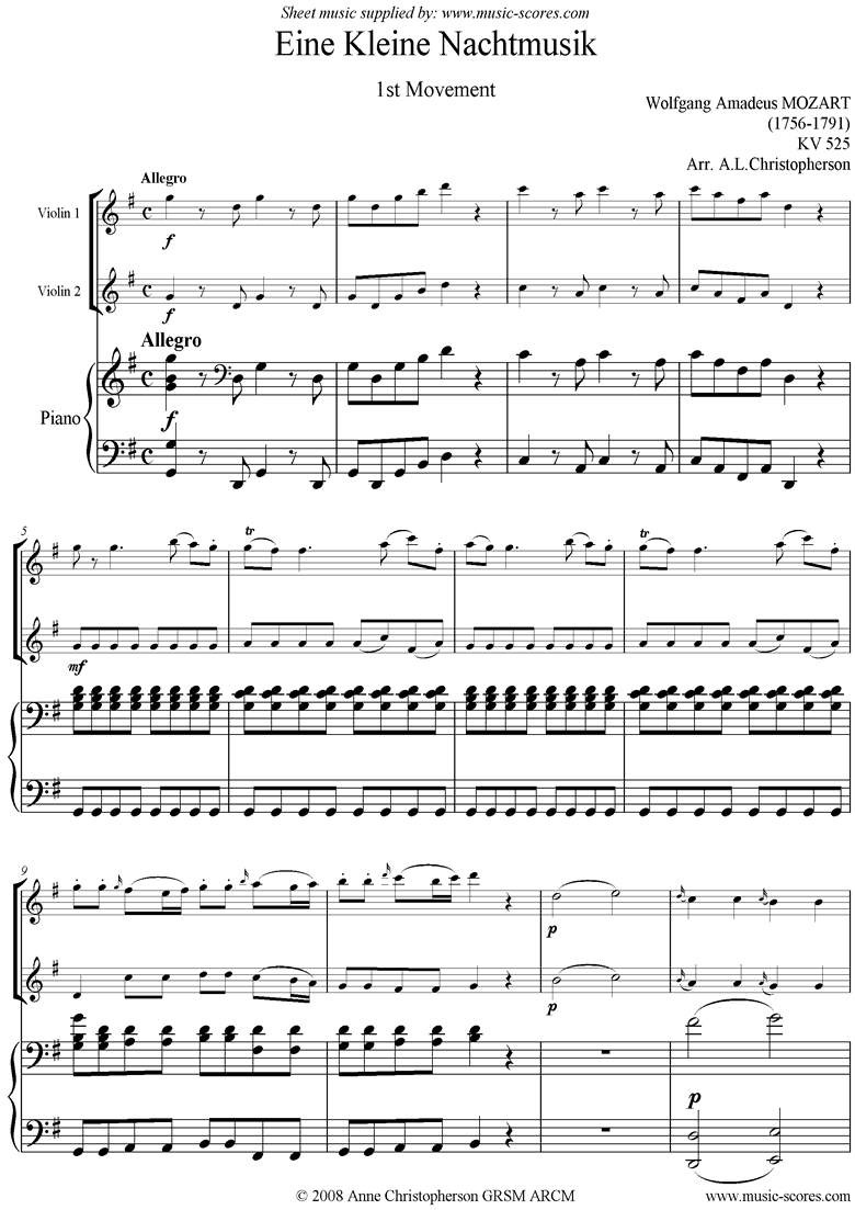 K525 Eine Kleine Nacht Musik: 1st mvt: 2 Vns, Pno by Mozart