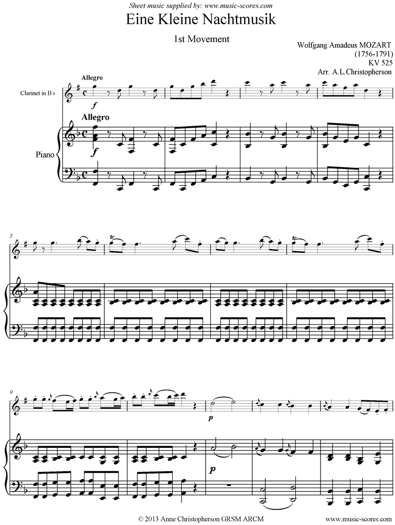 K525 Eine Kleine Nacht Musik: 1st movement: Clarinet, Piano by Mozart