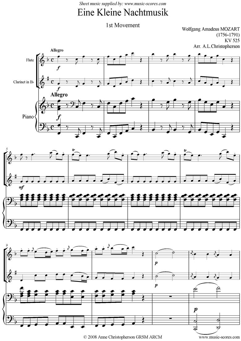K525 Eine Kleine Nacht Musik: 1st mvt: Fl, Cl, Pno by Mozart