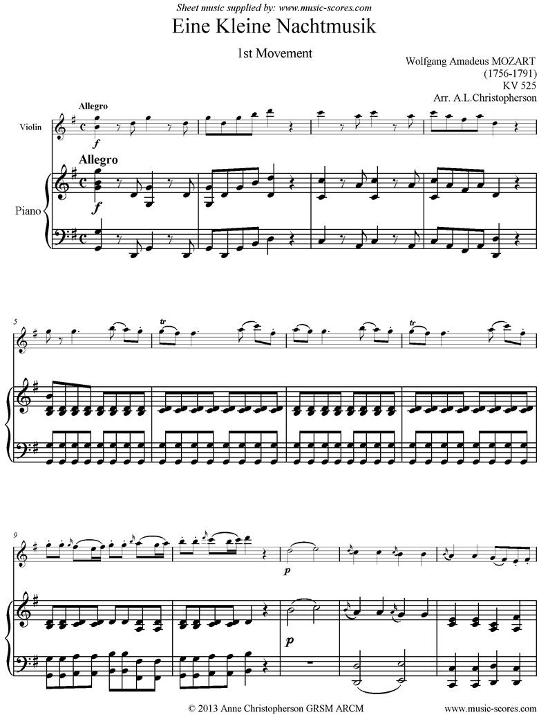 K525 Eine Kleine Nacht Musik: 1st movement: Violin, Piano by Mozart