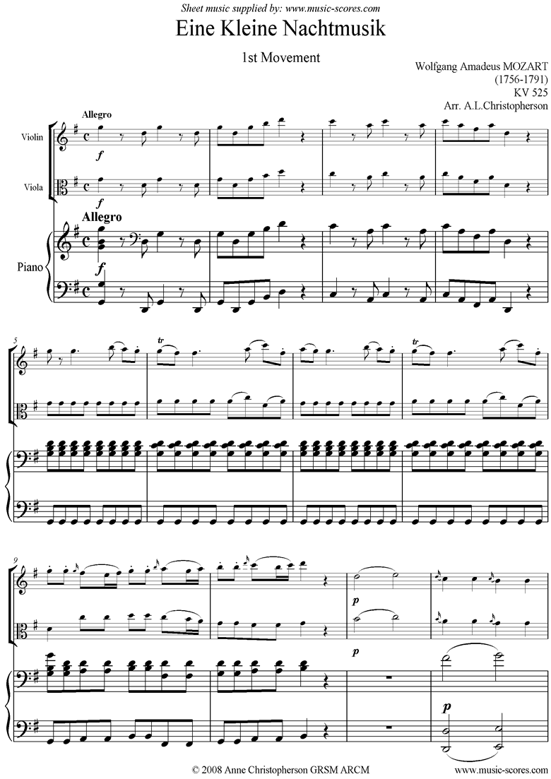 K525 Eine Kleine Nacht Musik: 1st mvt: Vn, Va, Pno by Mozart
