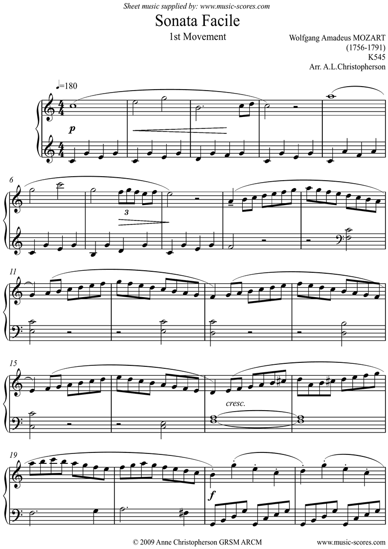 Front page of K545 Sonata Facile, 1st Movement: Easy sheet music