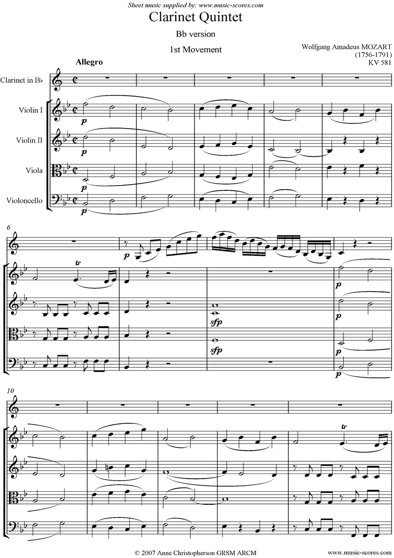K581 Clarinet Quintet: 1st mt Bb Clarinet, strings by Mozart