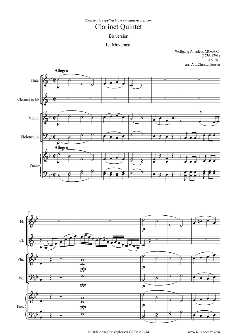 K581 Clarinet Quintet: 1st mt Fl,Cl, Vn, Vc, Pno by Mozart