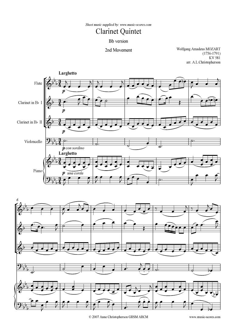 K581 Clarinet Quintet, 2nd Mt Fl, 2 Cls, Vc, Pno by Mozart