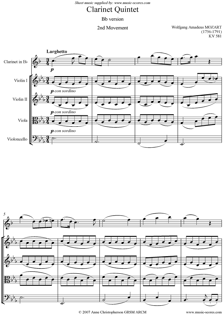 K581 Clarinet Quintet: 2nd mt Bb Clarinet, strings by Mozart