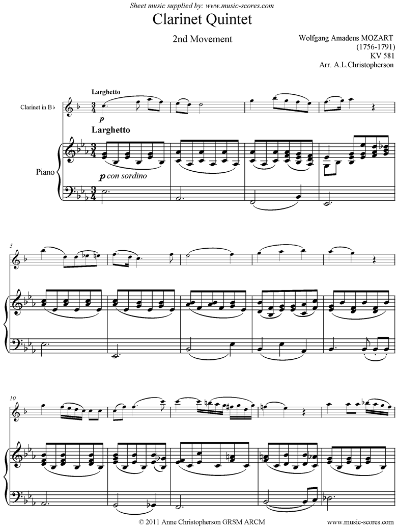 K581 Clarinet Quintet, 2nd Mt Clarinet, Piano by Mozart
