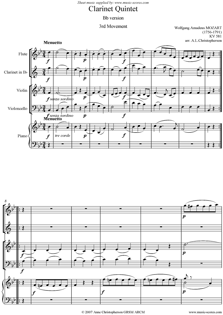 K581 Clarinet Quintet: 3rd mt Fl,Cl, Vn, Vc, Pno by Mozart