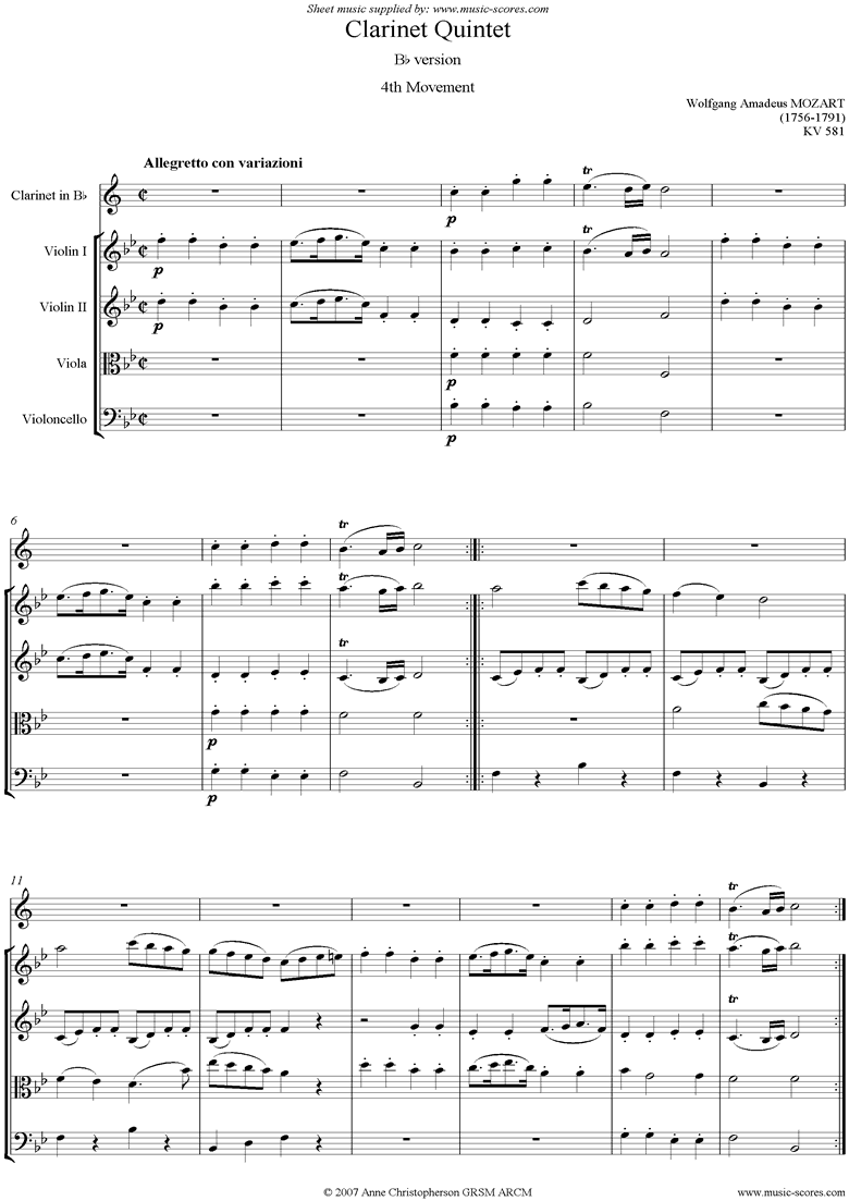 K581 Clarinet Quintet: 4th mt Bb Clarinet, strings by Mozart
