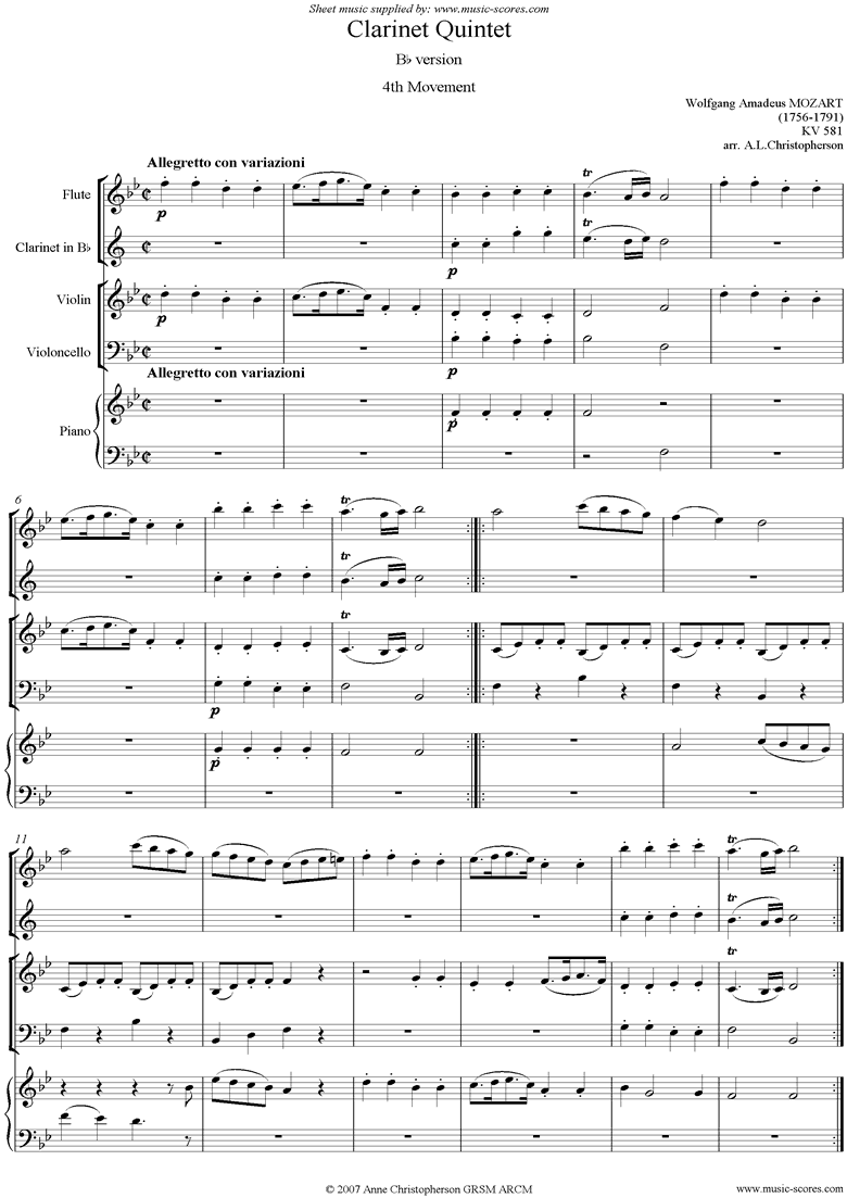 K581 Clarinet Quintet: 4th mt Fl,Cl, Vn, Vc, Pno by Mozart