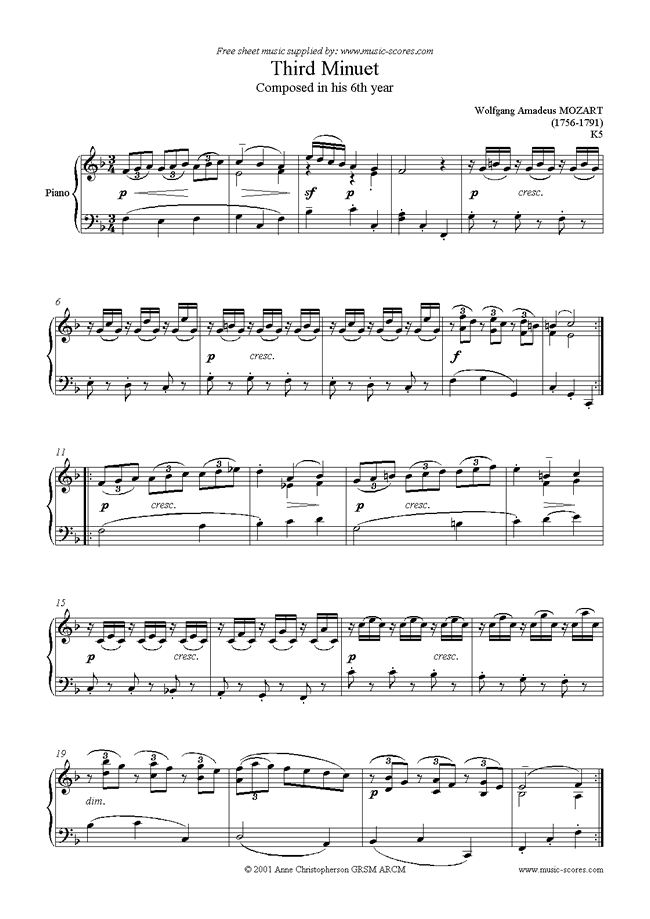 Front page of K005 Minuet No. 3 in F sheet music
