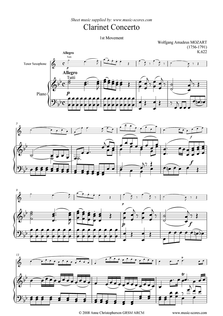 Front page of K622 Clarinet Concerto: 1st mvt: Tenor Saxophone sheet music