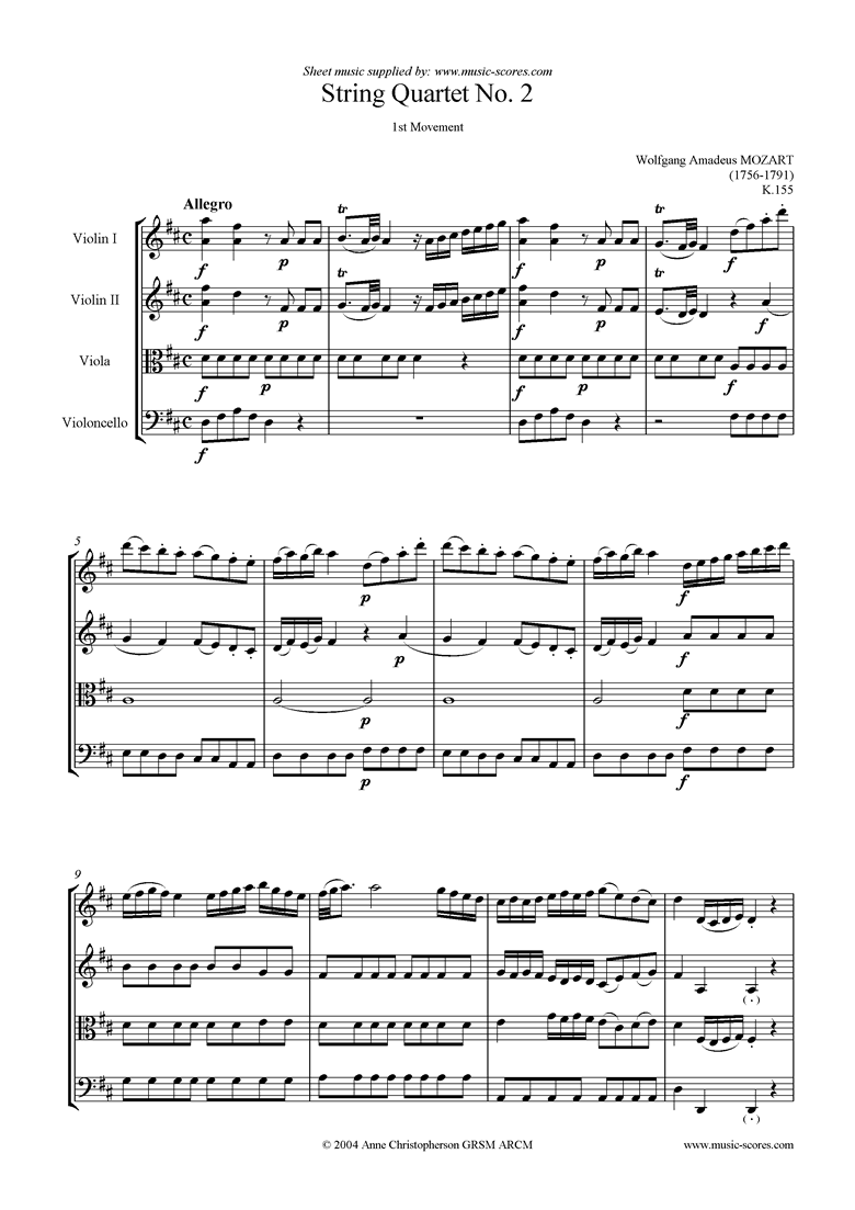 K155 String Quartet No 02: 1st Mvt, Allegro by Mozart