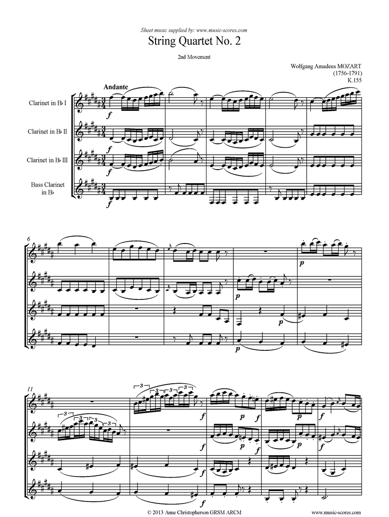 Front page of K155 String Quartet No 02: 2nd Mvt, Andante: 3 Clarinets, Bass Clarinet sheet music