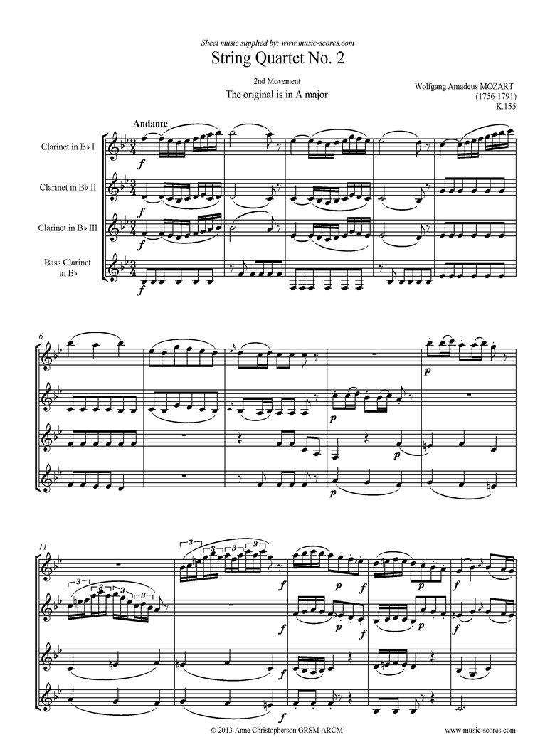 K155 String Quartet No 02: 2nd Mvt, Andante: 3 Clarinets, Bass Clarinet:lower by Mozart