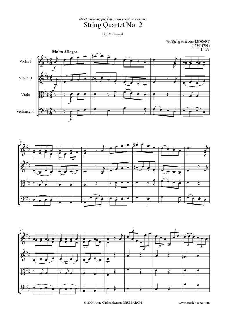 K155 String Quartet No 02: 3rd Mvt, Molto Allegro by Mozart