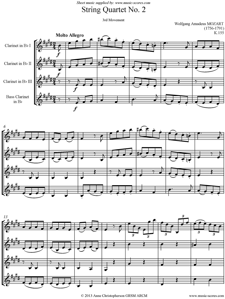 K155 String Quartet No 02: 3rd Mvt, Molto Allegro. 3 Clarinets, Bass Clarinet by Mozart