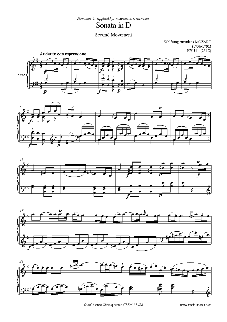 Front page of K311 (284C) Sonata in D, 2nd Movement sheet music