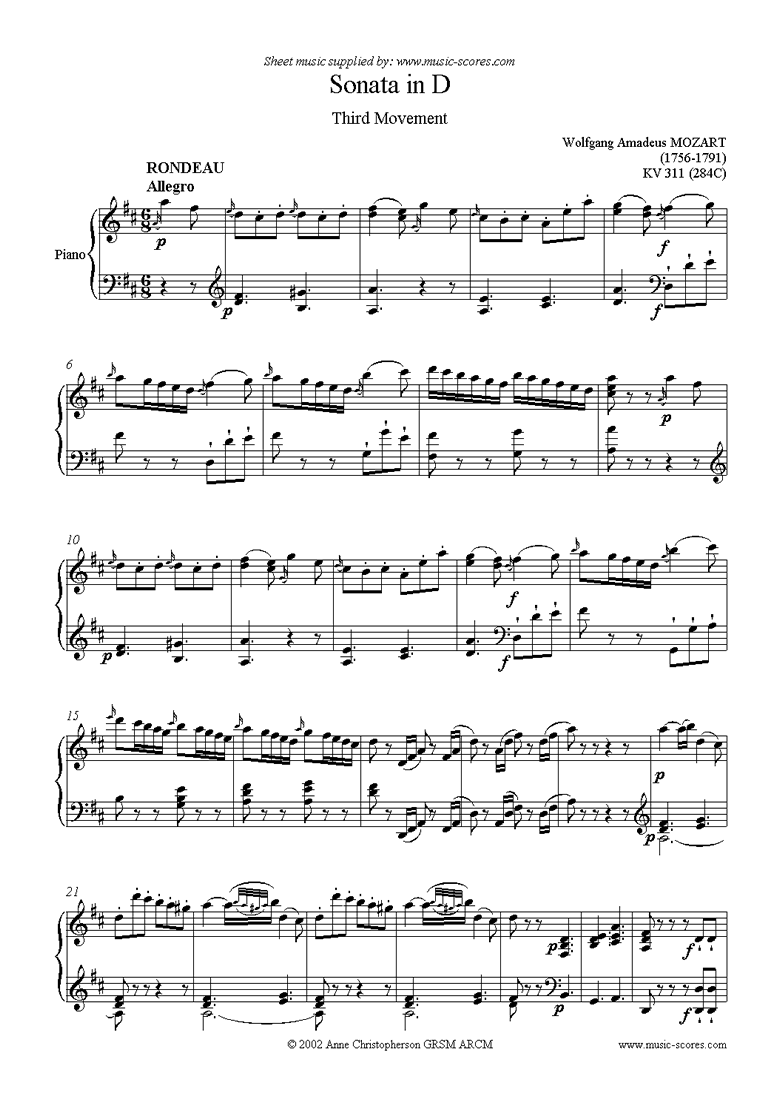 Front page of K311 (284C) Sonata in D, 3rd Movement sheet music