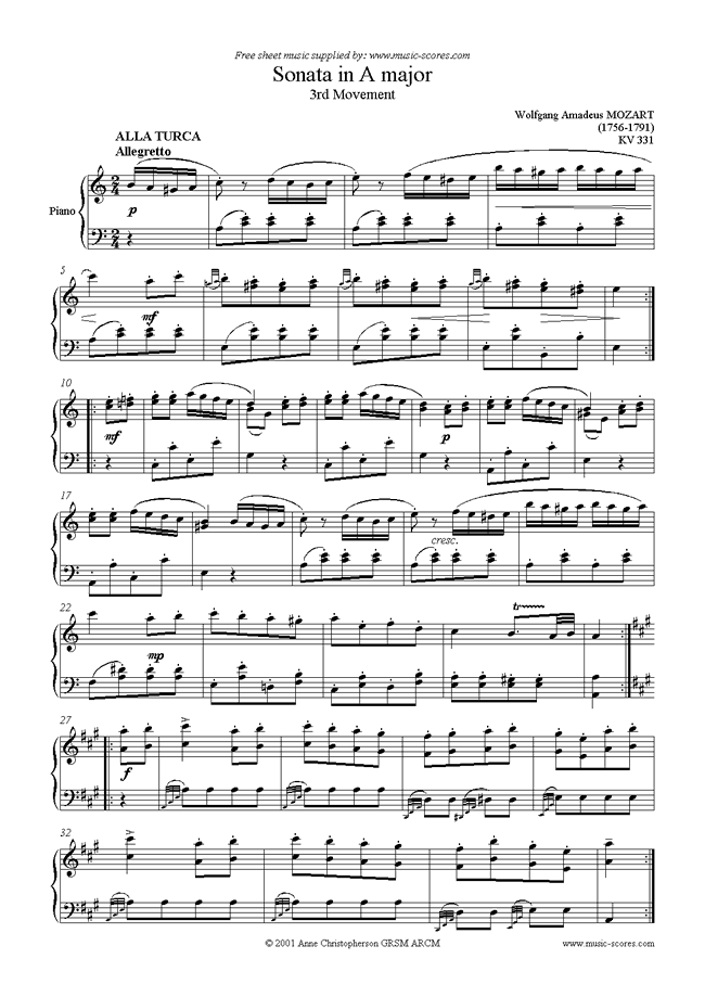 Front page of K331 Sonata in A, 3rd Movement: Alla Turca sheet music