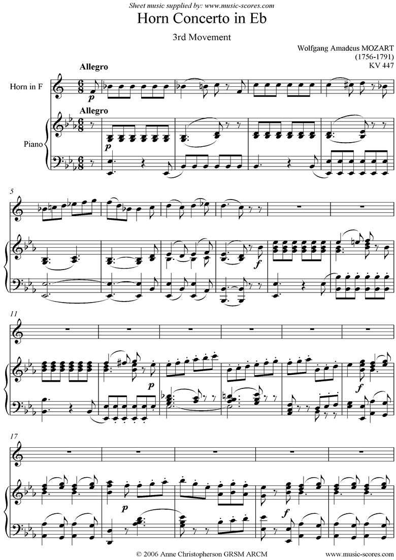 Front page of K447 Horn Concerto No.3, 3rd movement: Allegro sheet music