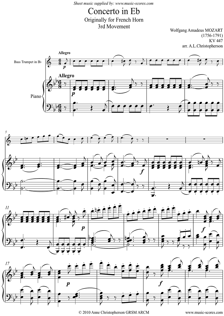 Front page of K447 Horn Concerto No.3, 3rd mt: Allegro: Bass Tpt sheet music