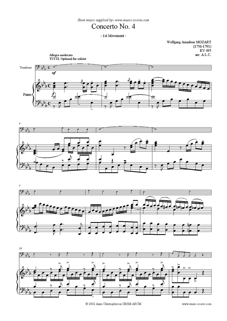Front page of K495 Horn Concerto in Eb, 1st Movement: Trombone sheet music
